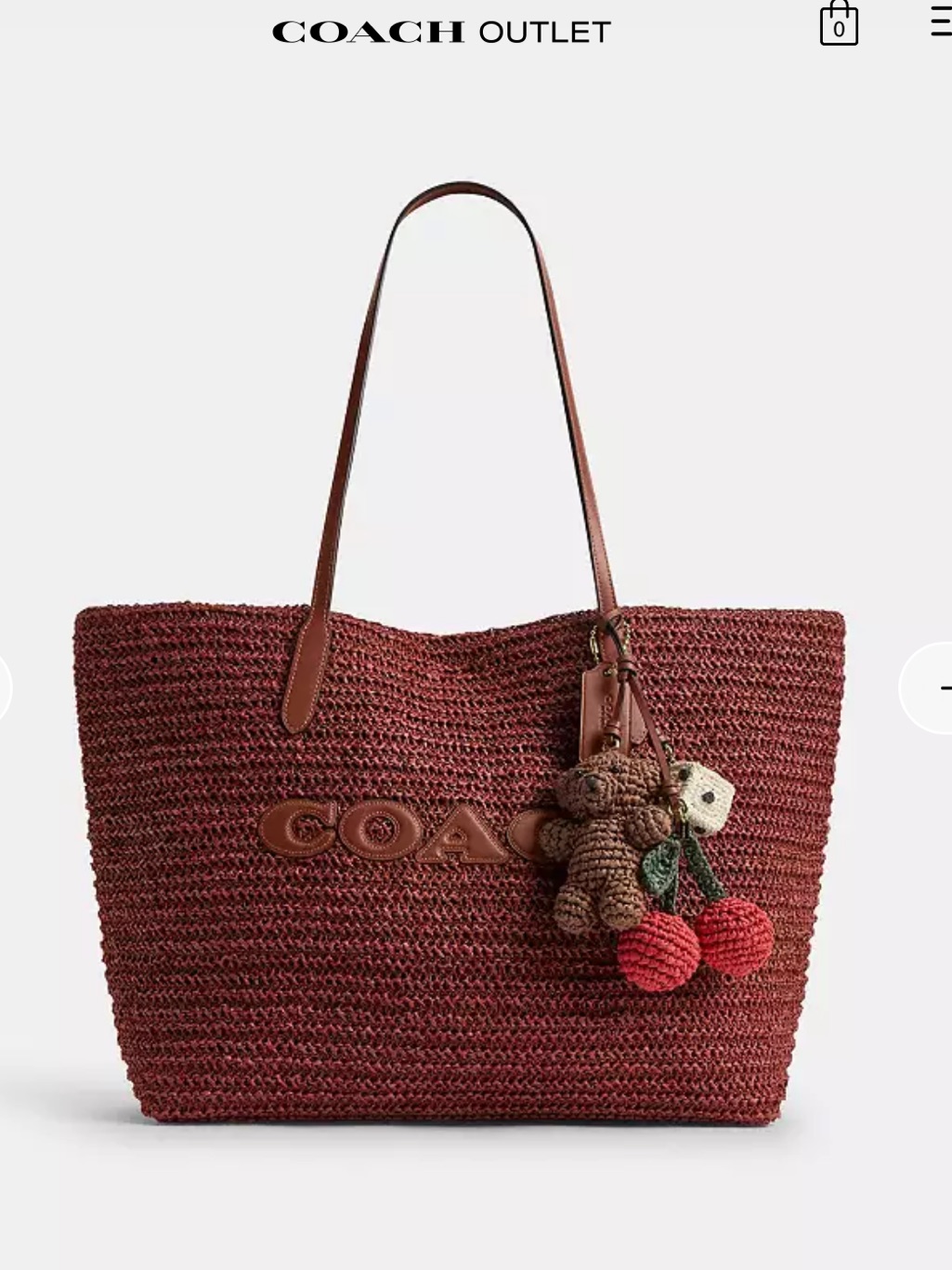 Coach Straw City Tote Bag In Burgundy With Charm